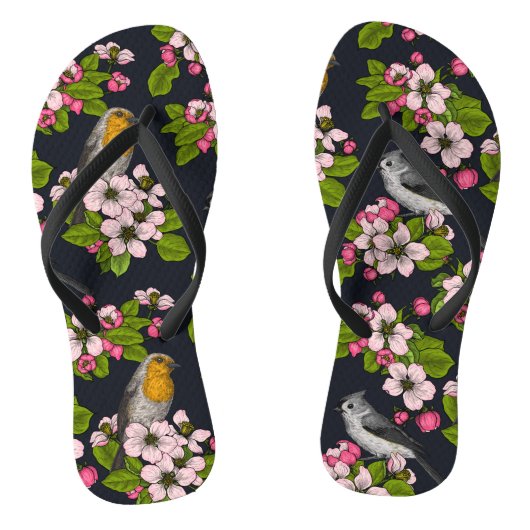 Vogels en bloesems, zwart teenslippers (Voetbed)