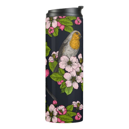 Vogels en bloesems, zwart thermosbeker (Gedraaid links)