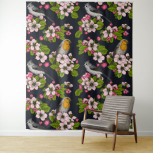 Vogels en bloesems, zwart wandkleed