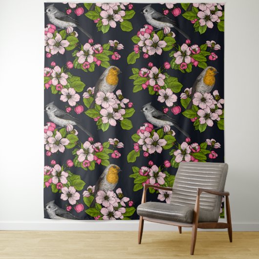 Vogels en bloesems, zwart wandkleed (In situ)