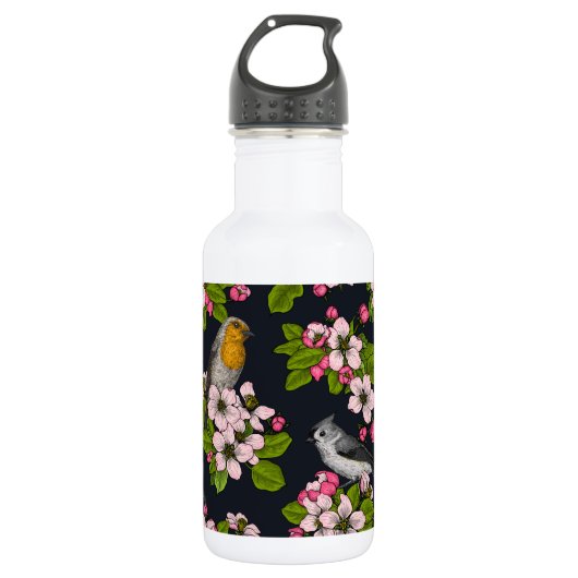 Vogels en bloesems, zwart waterfles (Voorkant)