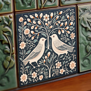 Vogels en Boom des Levens Blauw Oranje Art Nouveau Tegeltje