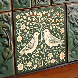 Vogels en Boom des Levens Groene Art Nouveau Tegeltje