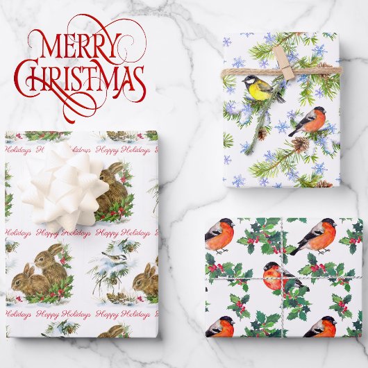 Vogels en Bunnies personaliseren Kerstmis 3 Inpakpapier Vel