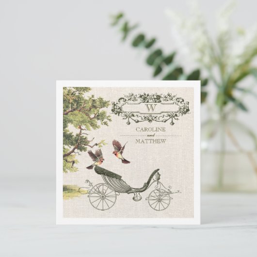  vogels en carriage Burlap texture Wedding Kaart (Staand voorkant)