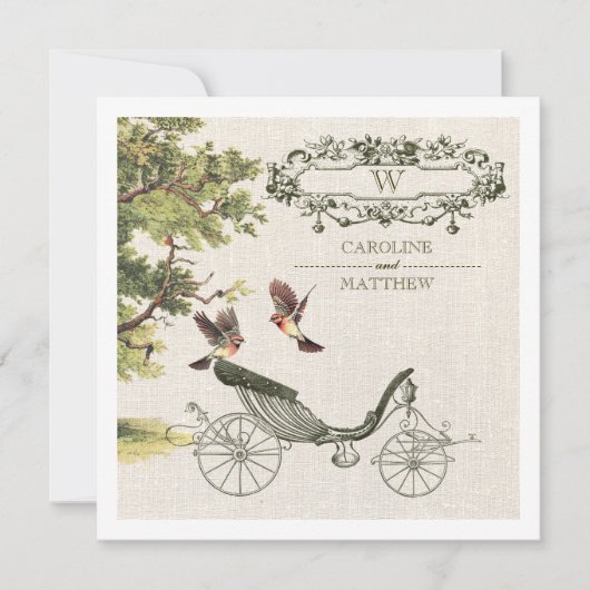  vogels en carriage Burlap texture Wedding Kaart (Voorkant)