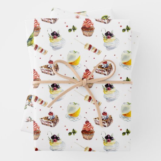 Vogels en desserts waterverf bruidsdouche inpakpapier vel (In situ)