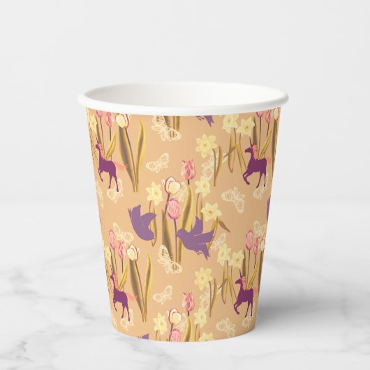 Vogels en eenhoorns op lentemaand papieren bekers (Voorkant)