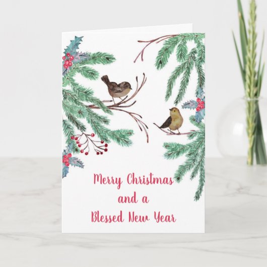 Vogels en Evergreen Leaves Berries Kerstmis Feestdagen Kaart (Voorkant)