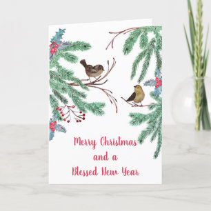 Vogels en Evergreen Leaves Berries Kerstmis Feestdagen Kaart
