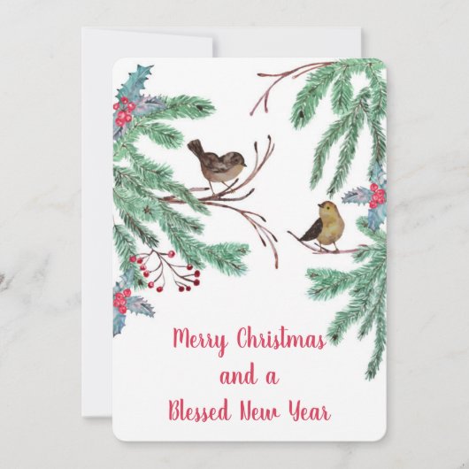 Vogels en Evergreen Leaves Berries Kerstmis Feestdagenkaart (Voorkant)