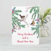 Vogels en Evergreen Leaves Berries Kerstmis Feestdagenkaart (Staand voorkant)