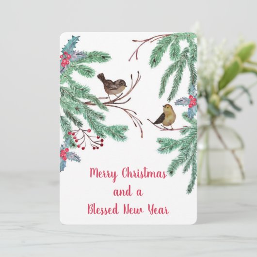 Vogels en Evergreen Leaves Berries Kerstmis Feestdagenkaart (Staand voorkant)