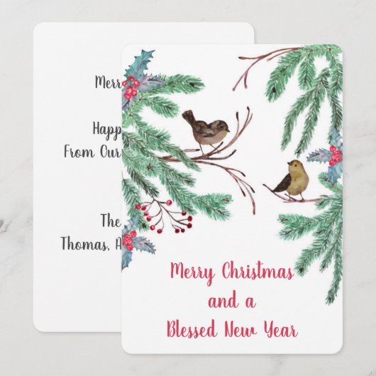 Vogels en Evergreen Leaves Berries Kerstmis Feestdagenkaart (Voorkant / Achterkant)