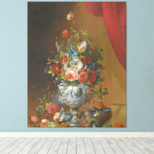 Vogels en fruit op een richel beneden canvas afdruk