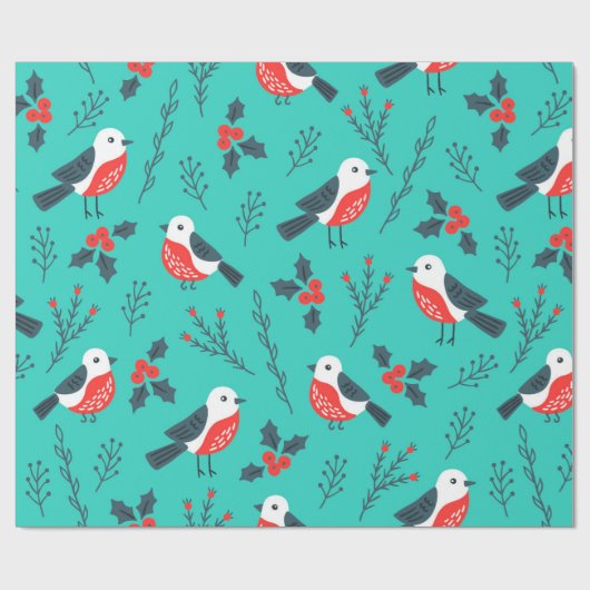 Vogels en Holly Berry kerstpatroon Cadeaupapier (Vlak)