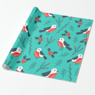 Vogels en Holly Berry kerstpatroon Cadeaupapier