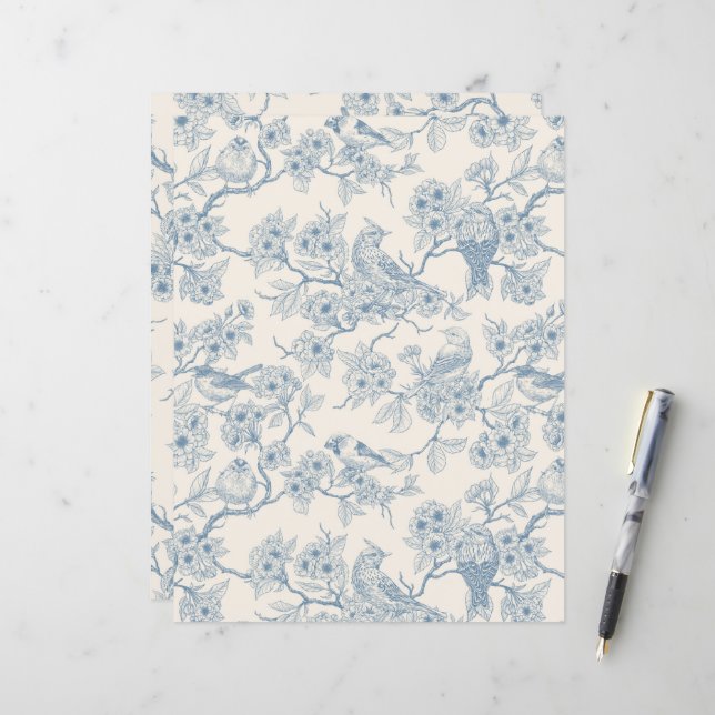 Vogels en kersenbloesem in blauw en wit (Voorkant / Achterkant in situ)