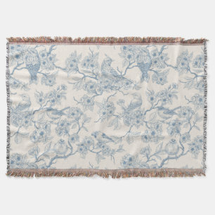 Vogels en kersenbloesem in blauw en wit deken