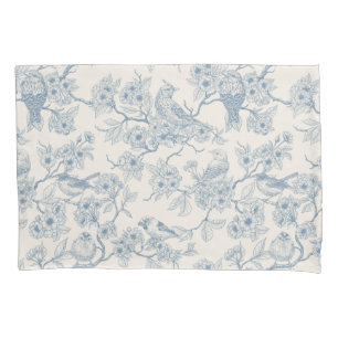 Vogels en kersenbloesem in blauw en wit kussensloop