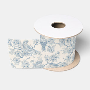 Vogels en kersenbloesem in blauw en wit satijnen lint