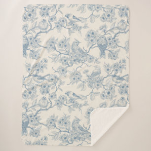 Vogels en kersenbloesem in blauw en wit sherpa deken