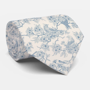 Vogels en kersenbloesem in blauw en wit stropdas