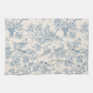 Vogels en kersenbloesem in blauw en wit theedoek