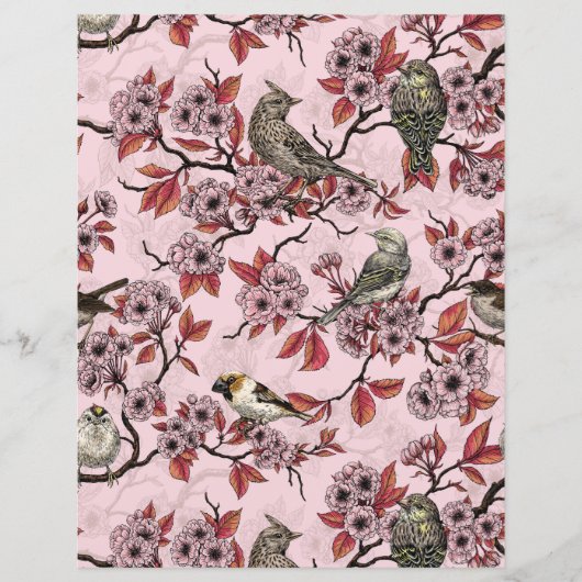Vogels en kersenbloesem op roze rood (Voorkant)