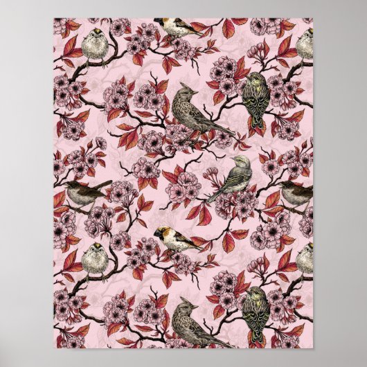Vogels en kersenbloesem op roze rood poster (Voorkant)