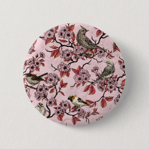 Vogels en kersenbloesem op roze rood ronde button 5,7 cm