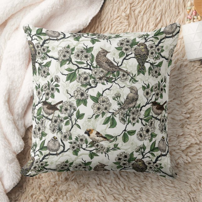 Vogels en kersenbloesem op wit kussen (Deken)
