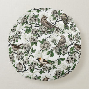 Vogels en kersenbloesem op wit rond kussen