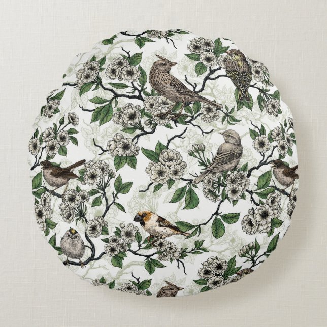 Vogels en kersenbloesem op wit rond kussen (Voorkant)