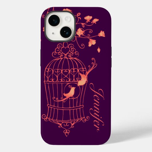 Vogels en kooien, oranje en paars Case-Mate iPhone case (Achterkant)