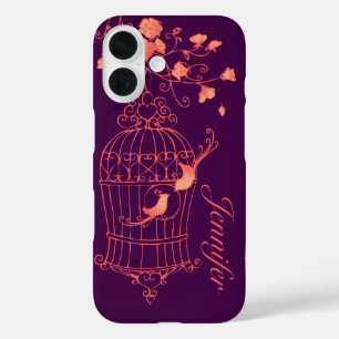 Vogels en kooien oranje en paarse naam iPhone case
