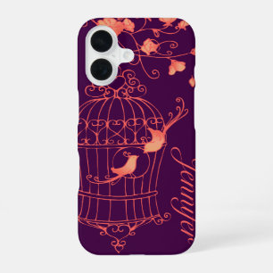 Vogels en kooien oranje en paarse naam iPhone case 16 Hoesje