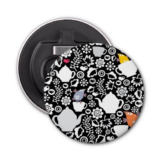 Vogels en kopjes button flesopener (Voorkant)