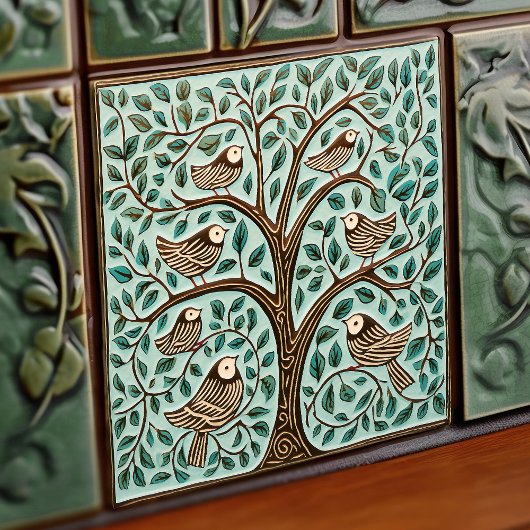 Vogels en levensboom Sage Green Art Nouveau Tegeltje