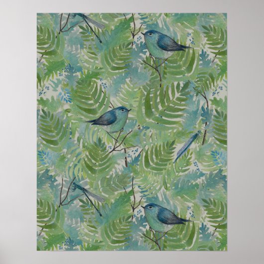 Vogels en libellen Patroon Art Poster (Voorkant)