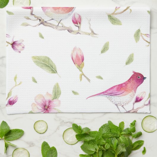 Vogels en Magnoliabomen Theedoek (Gevouwen)