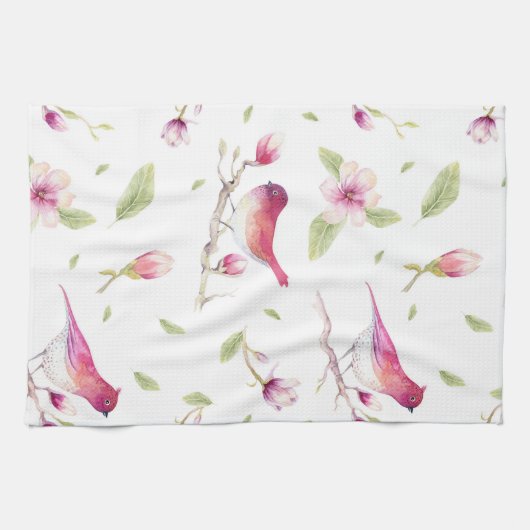 Vogels en Magnoliabomen Theedoek (Horizontaal)