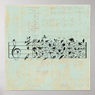 Vogels en muziekpapier  geouten mint groen poster