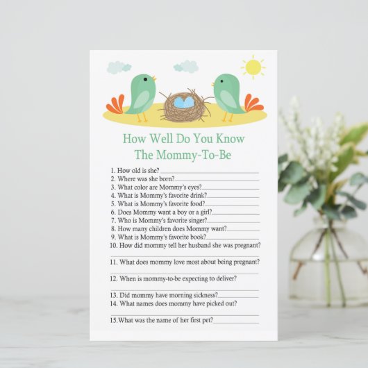 Vogels en nest Hoe goed ken je baby shower? (Staand voorkant)