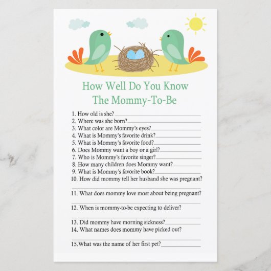 Vogels en nest Hoe goed ken je baby shower? (Voorkant)