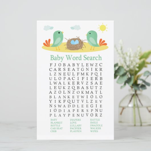Vogels en nesten Baby shower Word Search Game (Staand voorkant)