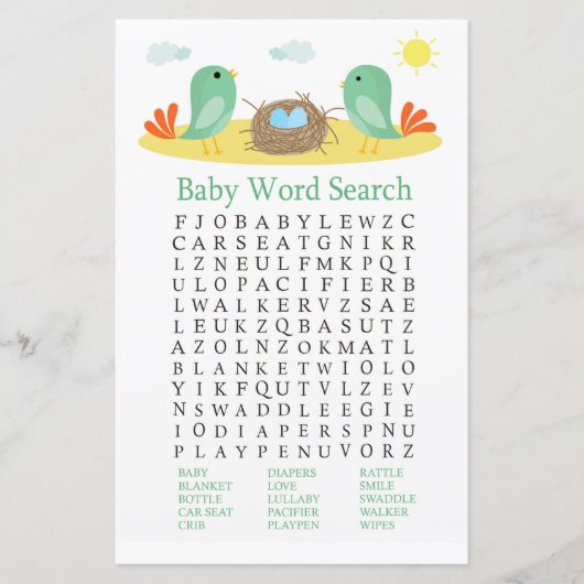 Vogels en nesten Baby shower Word Search Game (Voorkant)