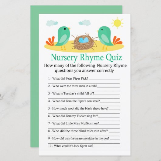 Vogels en nestnestsery Rhyme Quiz-baby shower (Voorkant / Achterkant)