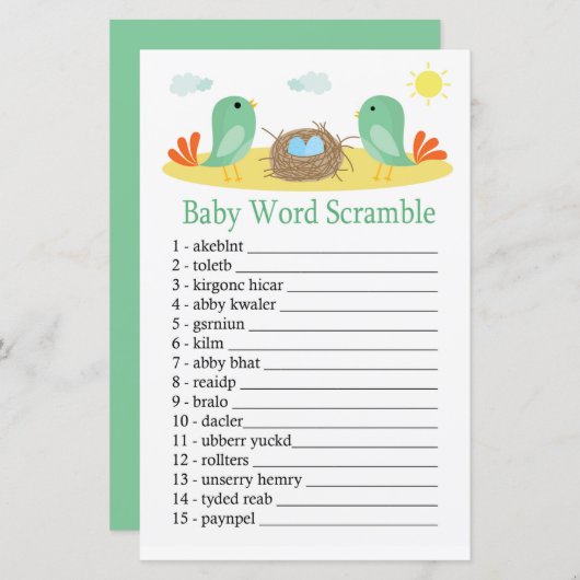 Vogels en nestwoord-scramble-spel (Voorkant / Achterkant)