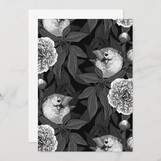Vogels en pioenbloemen monochroom, grijs (Voorkant / Achterkant)